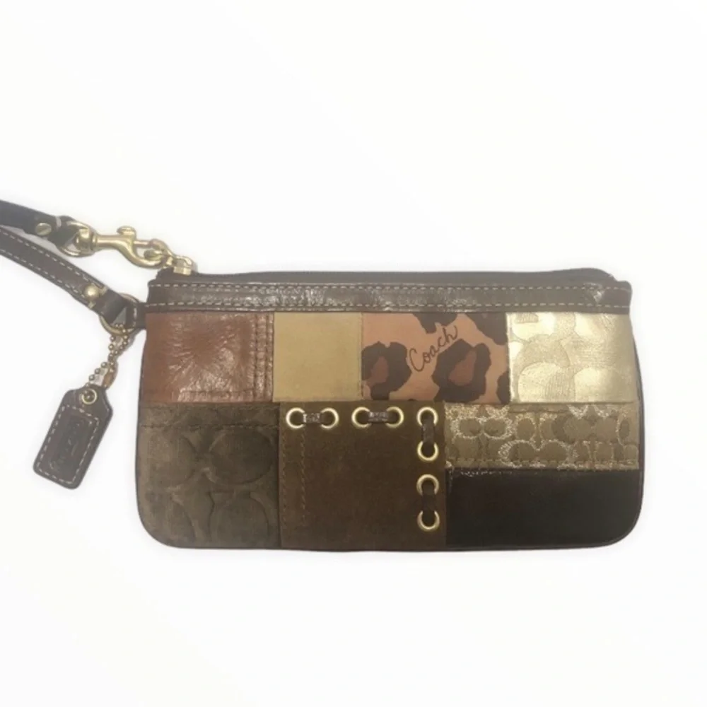 Coach brown multi texture patchwork wristlet bag